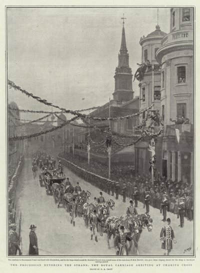 De processie die de Strand binnenkomt, het koninklijke rijtuig arriveert bij Charing Cross door Henry Marriott Paget